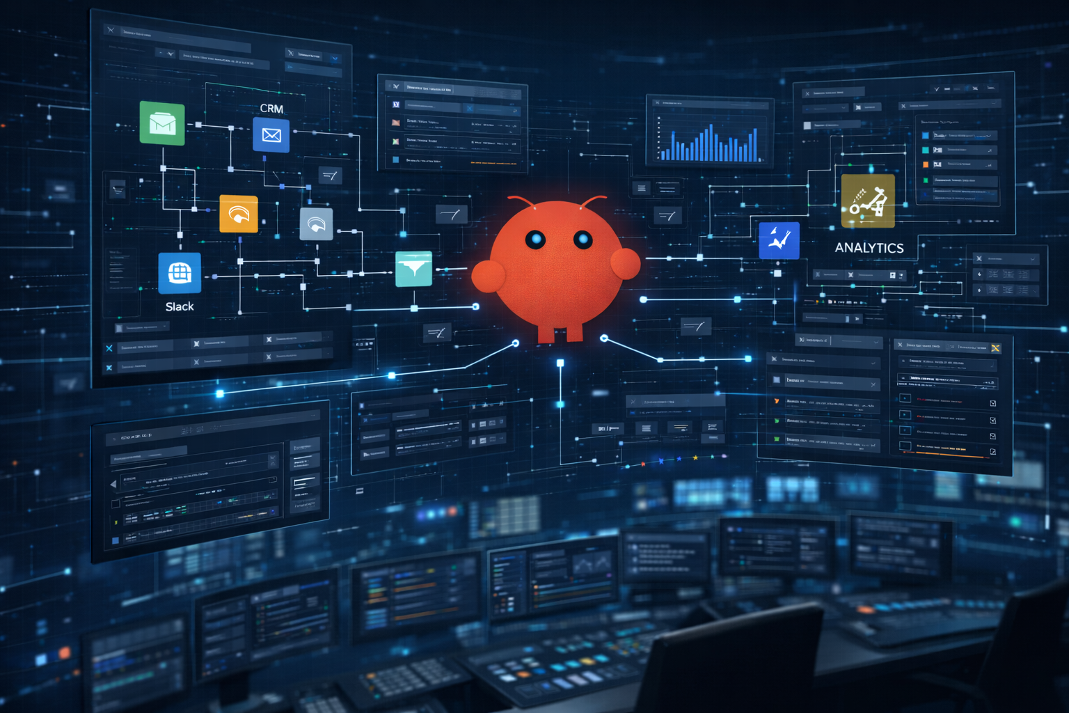 AI operations dashboard showing OpenClaw orchestrating workflows across CRM, analytics, automation, and communication platforms.